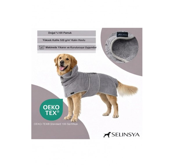 Selinsya %100 Pamuk Köpek Bornozu – Süper Emici, Ayarlanabilir – Gri