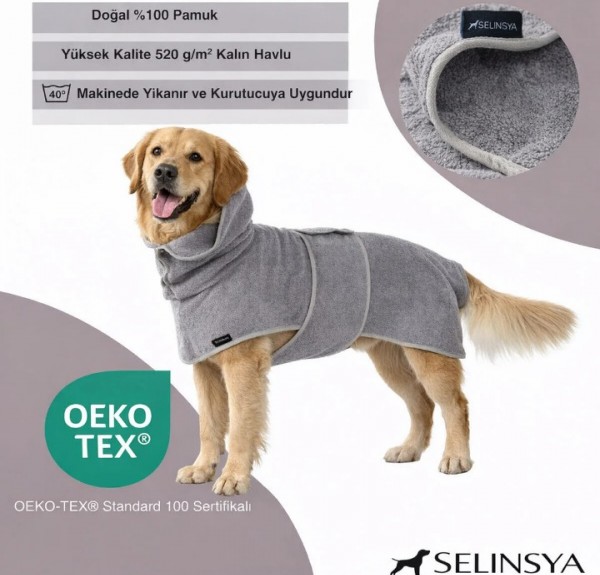 Selinsya %100 Pamuk Köpek Bornozu – Süper Emici, Ayarlanabilir – Gri