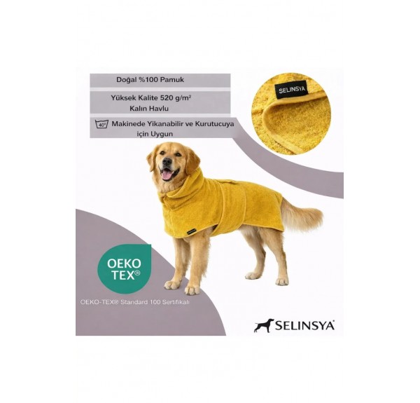 Selinsya %100 Pamuk Köpek Bornozu – Süper Emici, Ayarlanabilir – Sarı