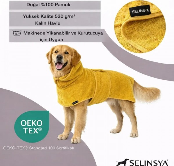 Selinsya %100 Pamuk Köpek Bornozu – Süper Emici, Ayarlanabilir – Sarı